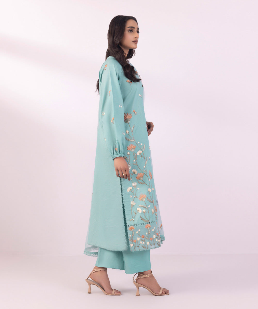 Women's Unstitched Zari Lawn Embroidered Sky Blue 3 Piece Suit