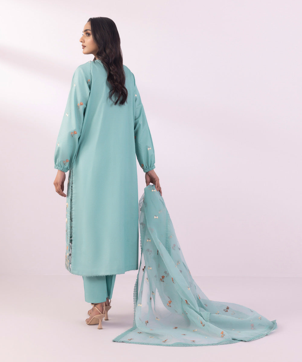 Women's Unstitched Zari Lawn Embroidered Sky Blue 3 Piece Suit