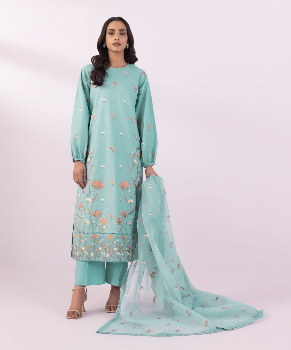 Women's Unstitched Zari Lawn Embroidered Sky Blue 3 Piece Suit
