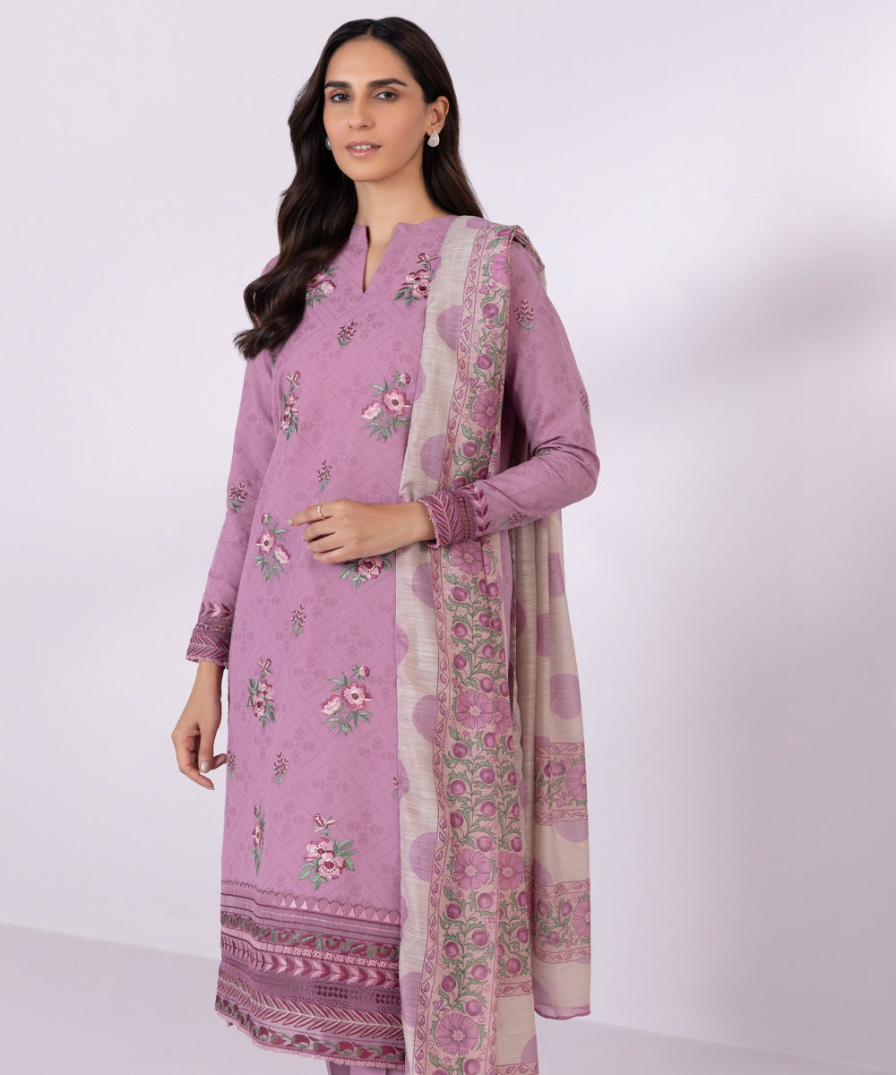Women's Unstitched Cotton Jacquard Embroidered Light Purple 3 Piece Suit