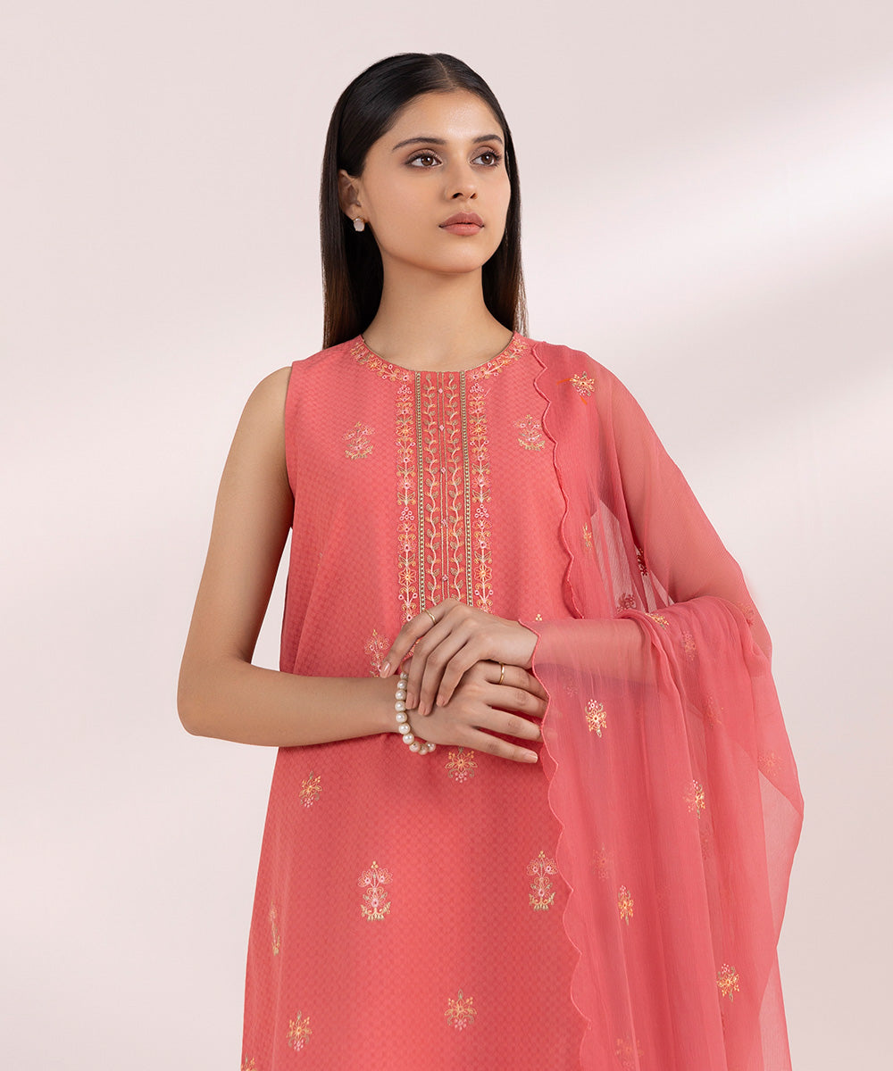 Women's Unstitched Dobby Pink Embroidered 3 Piece Suit