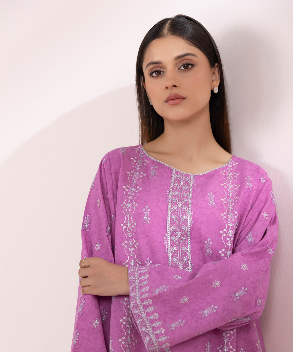 Women's Pret Cotton Jacquard Embroidered Purple A-Line Shirt