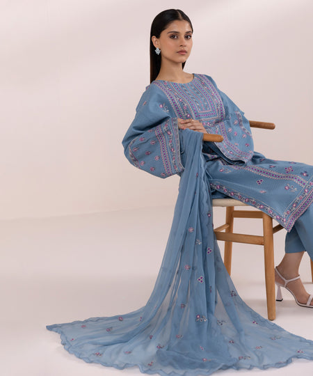 Crinkle Chiffon Blue Embroidered Dupatta