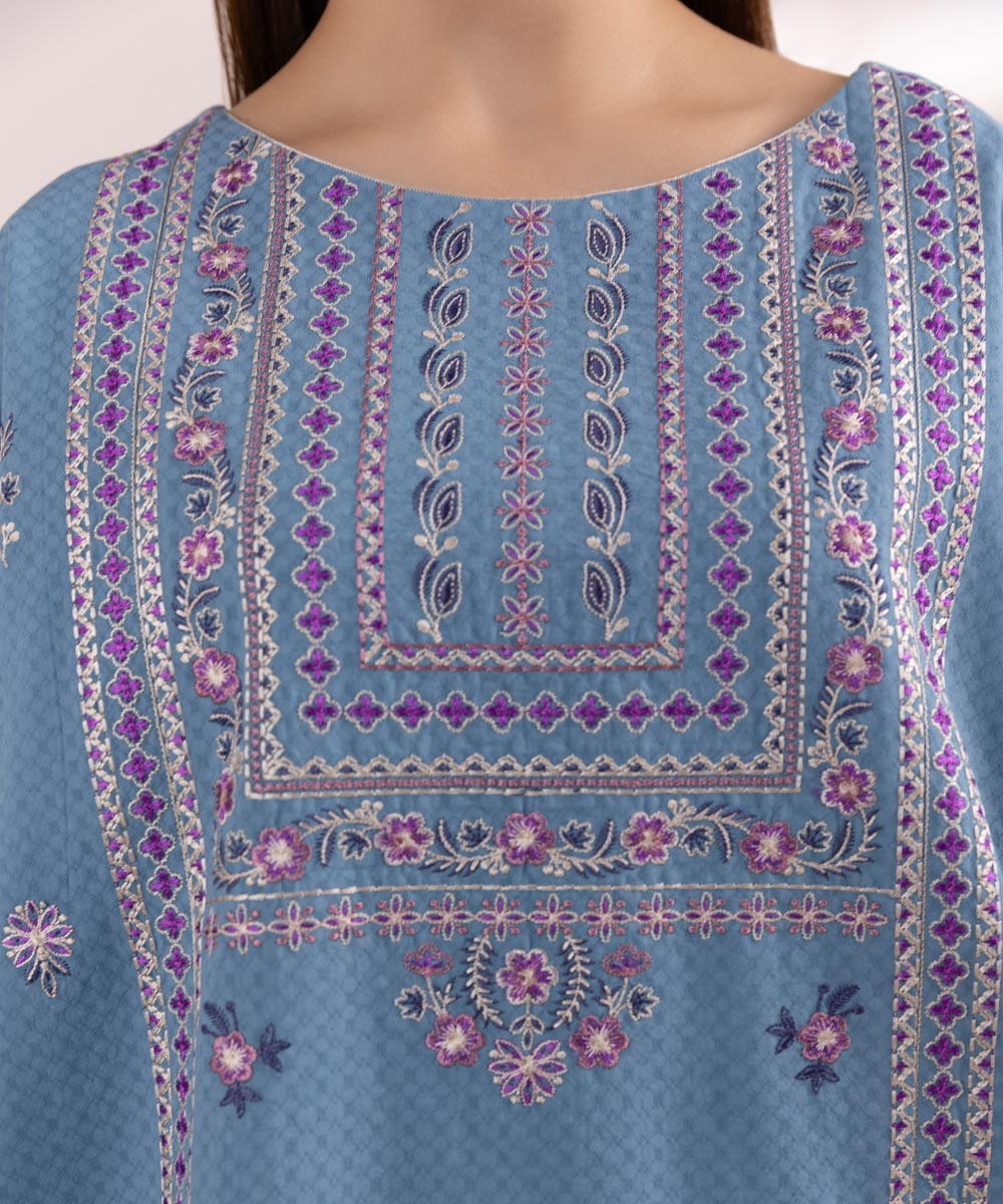 Women's Pret Dobby Embroidered Blue Boxy Shirt
