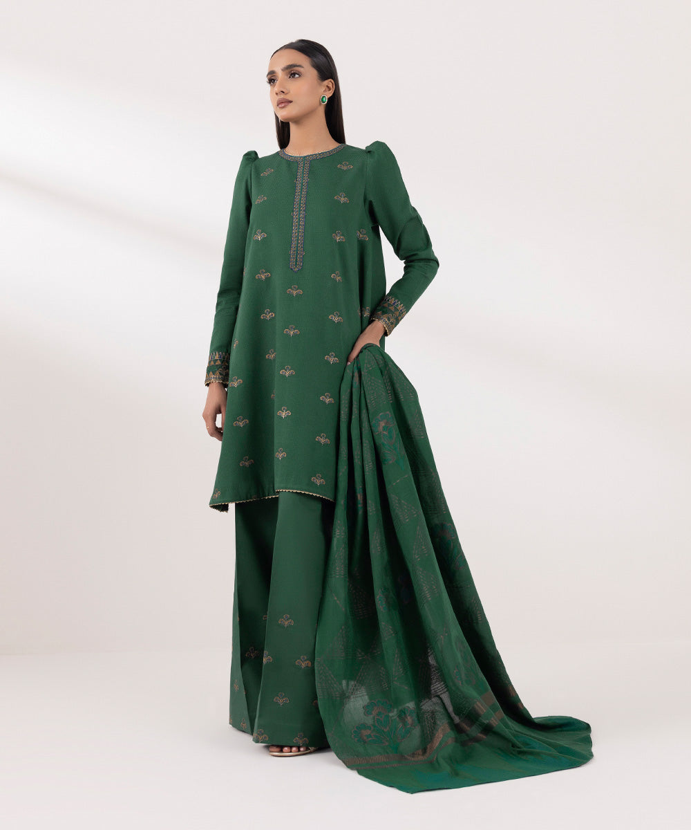 Women's Unstitched Dobby Embroidered Green 3 Piece Suit