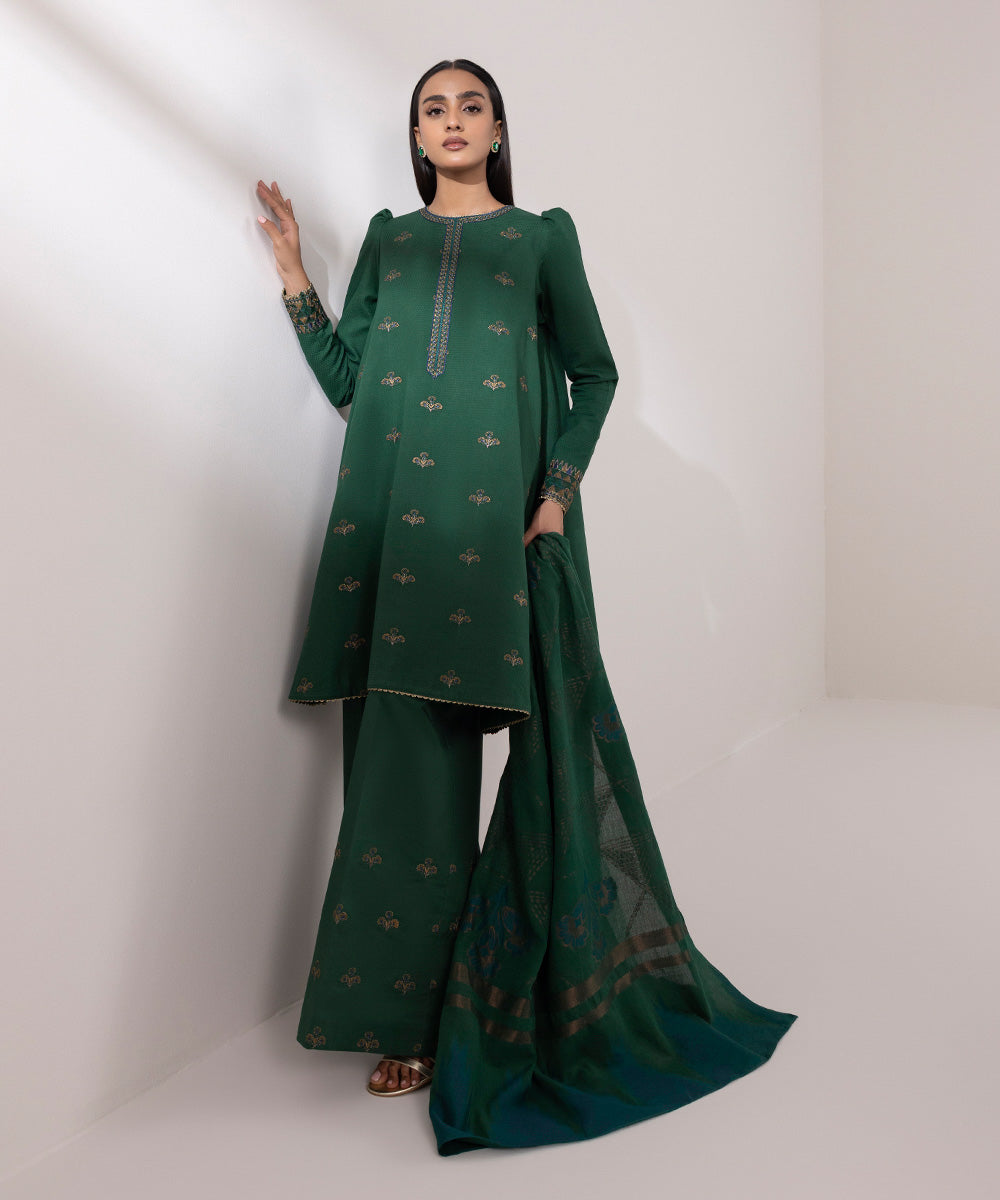 Women's Unstitched Dobby Embroidered Green 3 Piece Suit