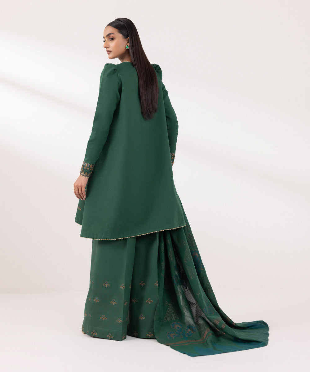 Women's Unstitched Dobby Embroidered Green 3 Piece Suit