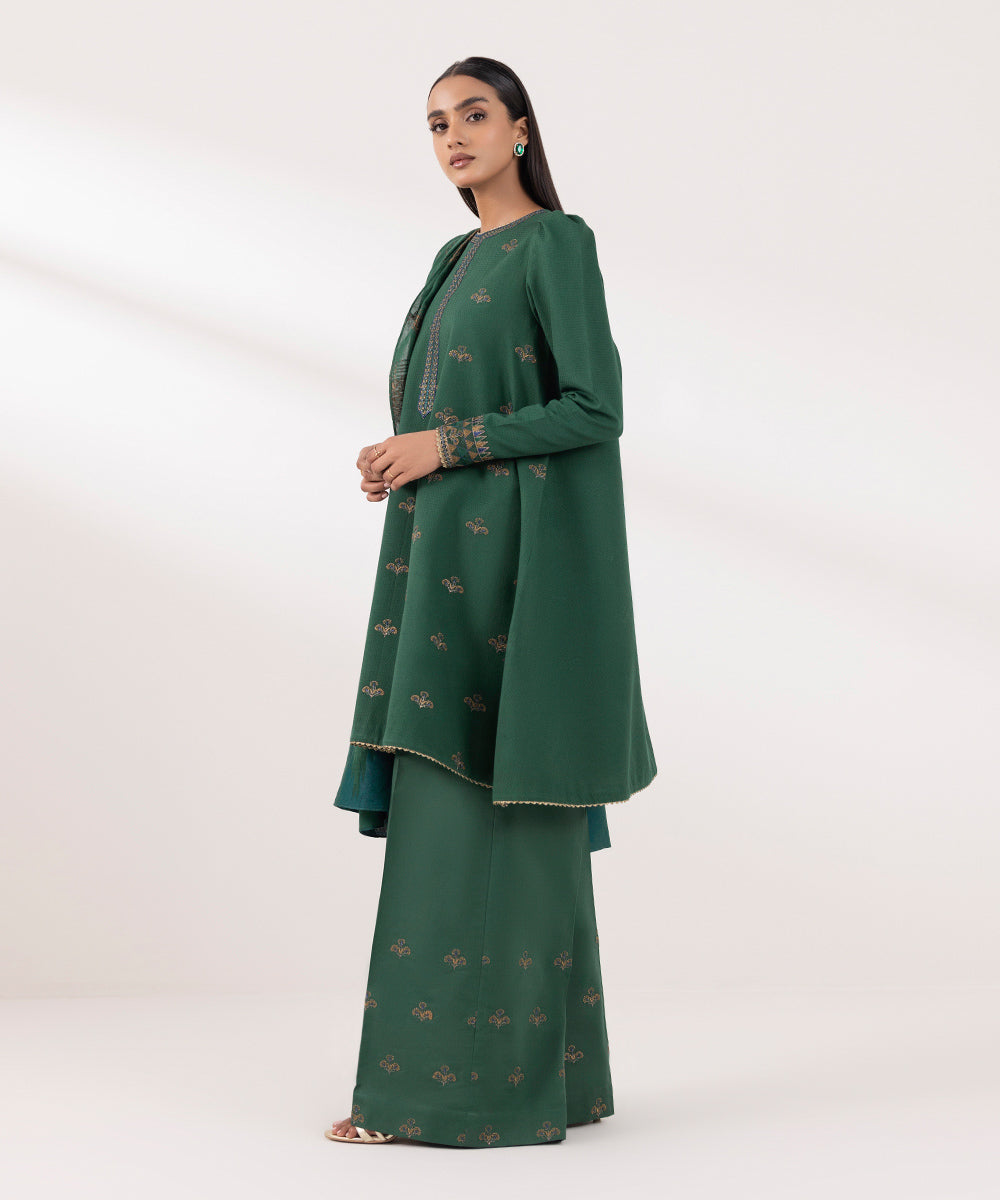 Women's Unstitched Dobby Embroidered Green 3 Piece Suit