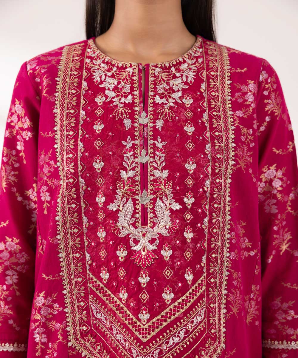 Women's Unstitched Extra Weft Jacquard Embroidered Pink 3 Piece Suit