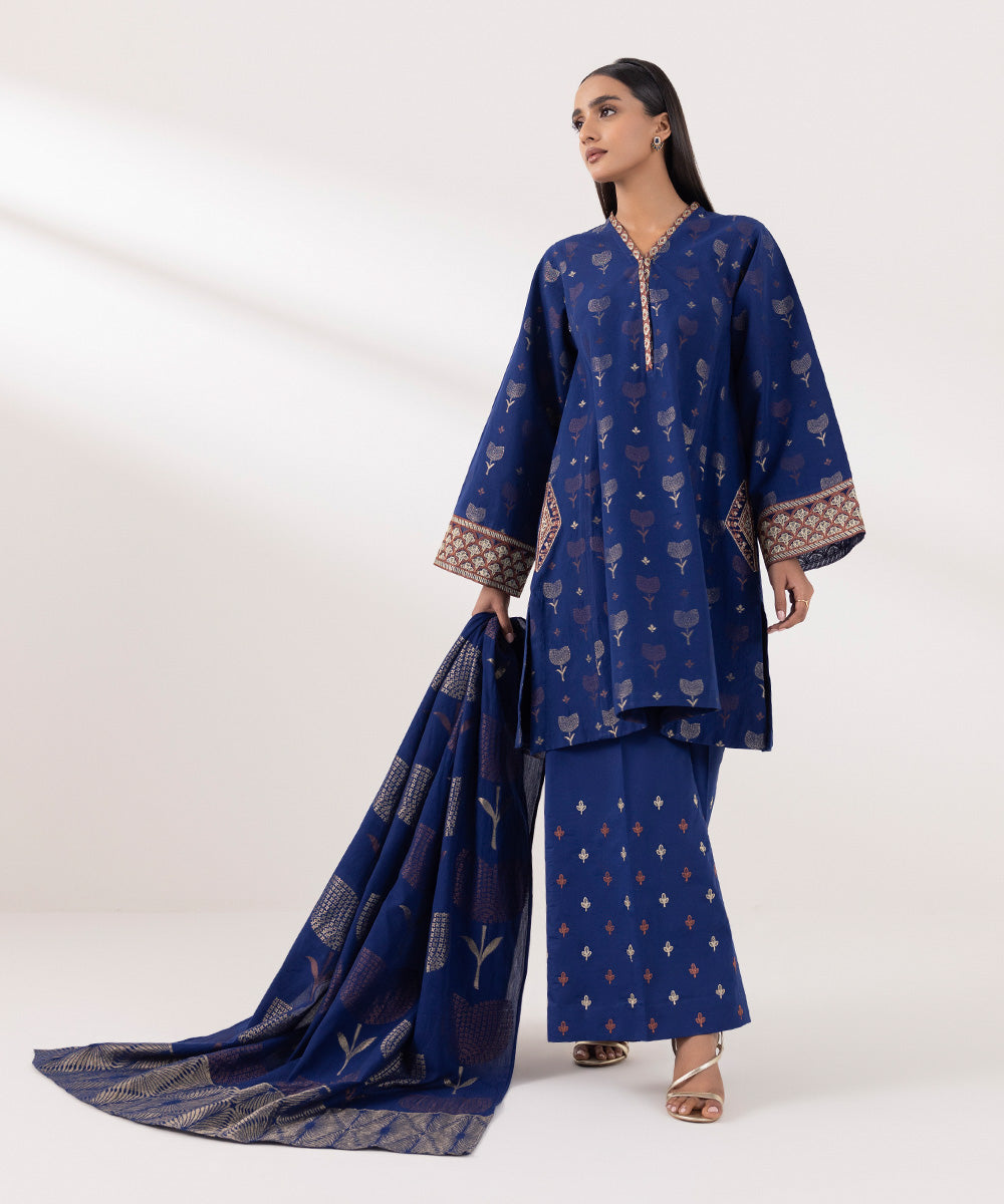 Women's Unstitched Extra Weft Jacquard Embroidered Blue 3 Piece Suit