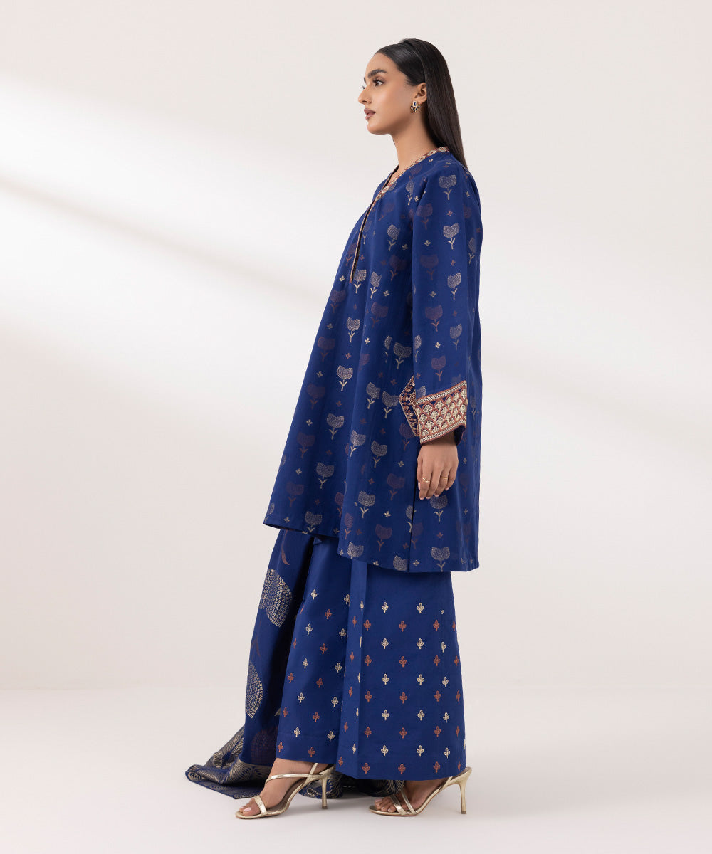 Women's Unstitched Extra Weft Jacquard Embroidered Blue 3 Piece Suit