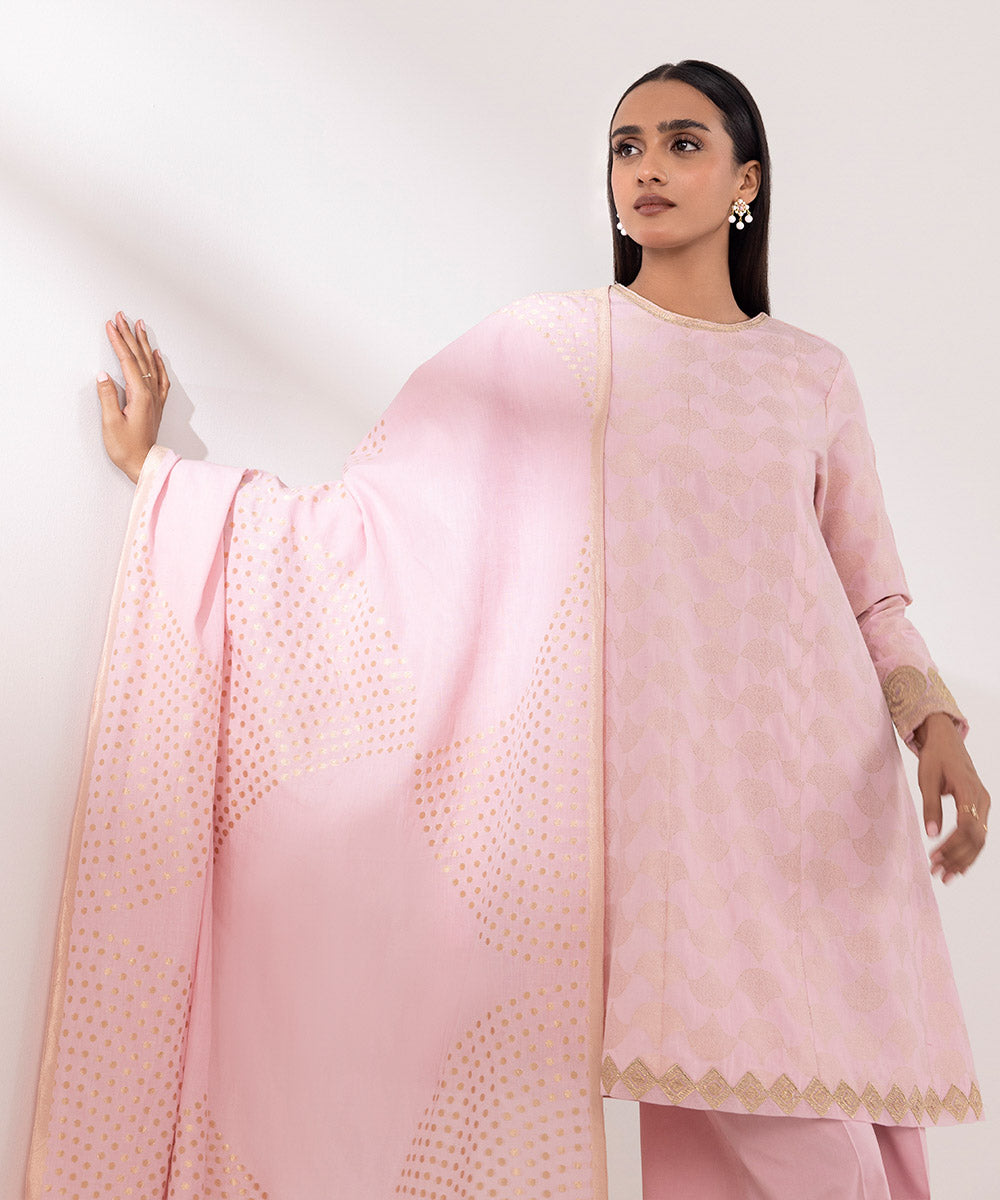 Women's Unstitched Extra Weft Jacquard Embroidered Pink 3 Piece Suit