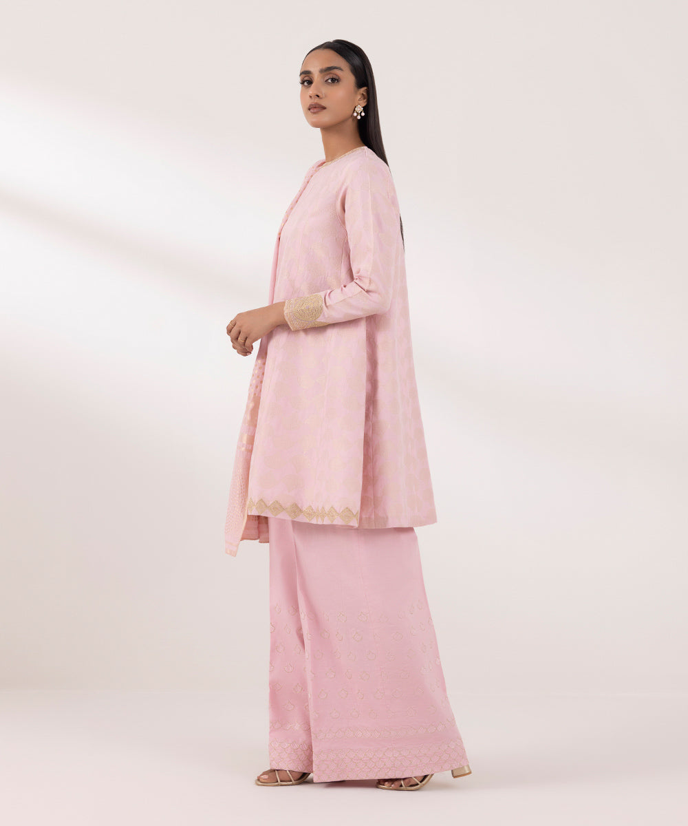 Women's Unstitched Extra Weft Jacquard Embroidered Pink 3 Piece Suit