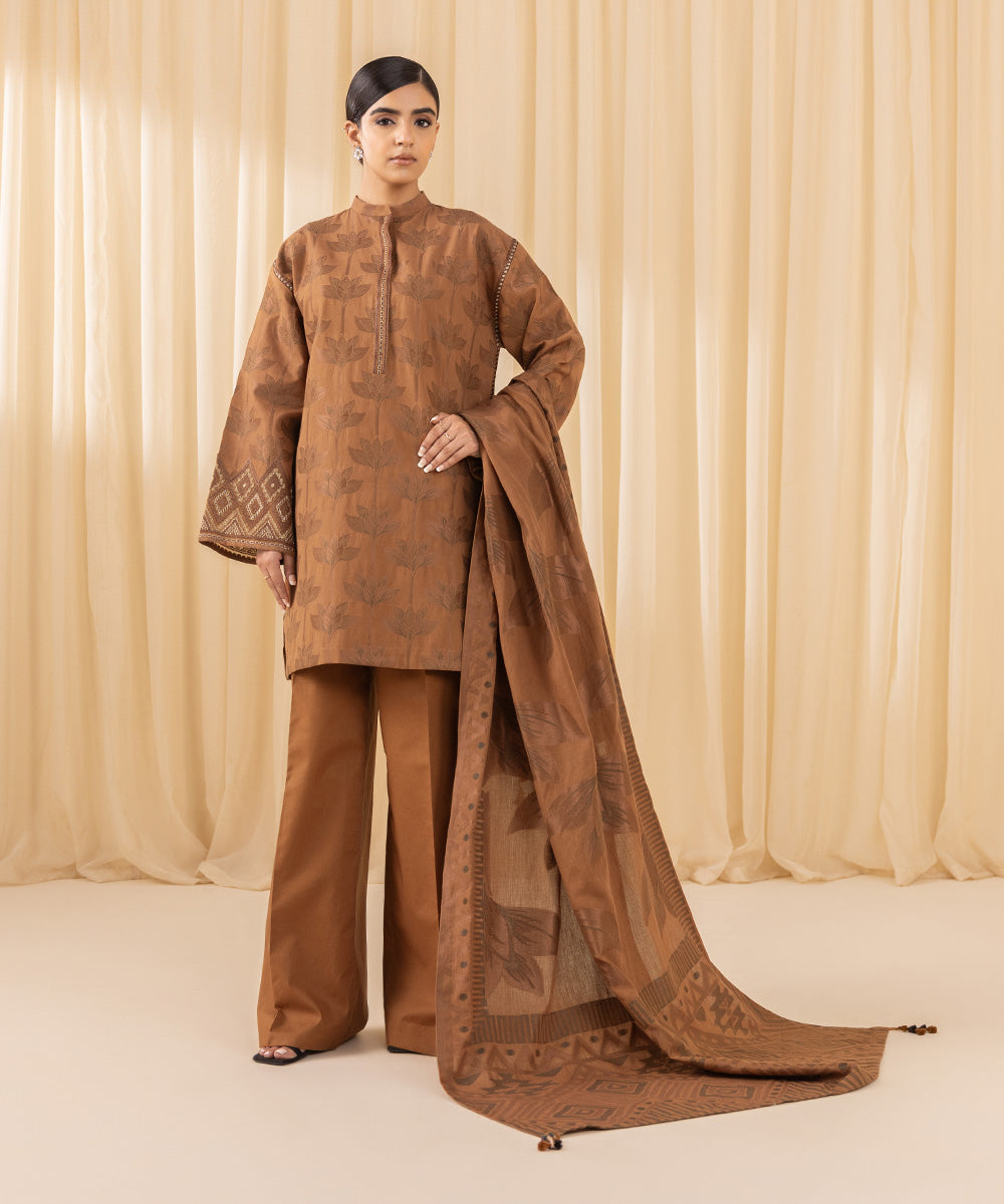 Women's Unstitched Embroidered Extra Weft Jacquard Brown 3 Piece Suit