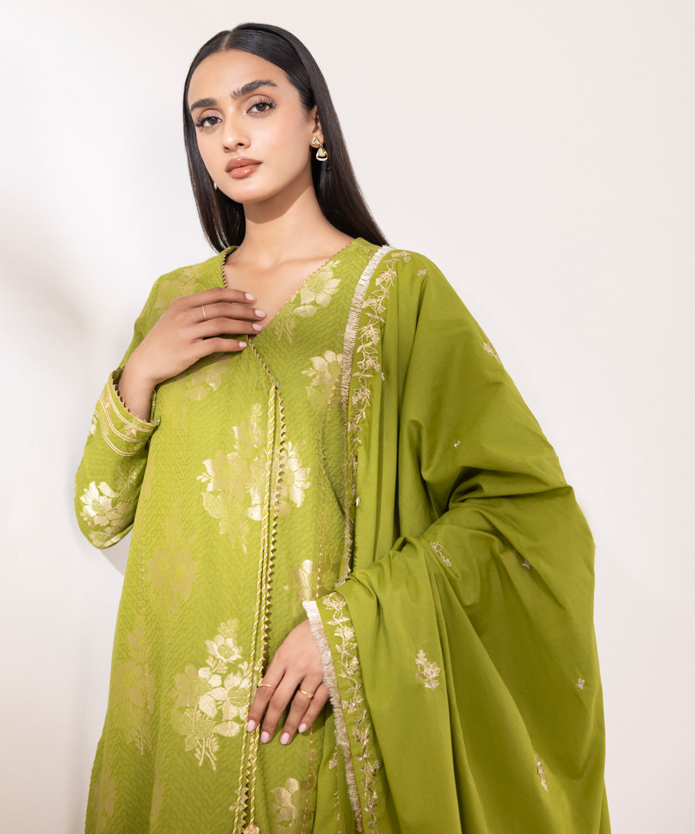 Women's Unstitched Extra Weft Jacquard Embroidered Green 3 Piece Suit