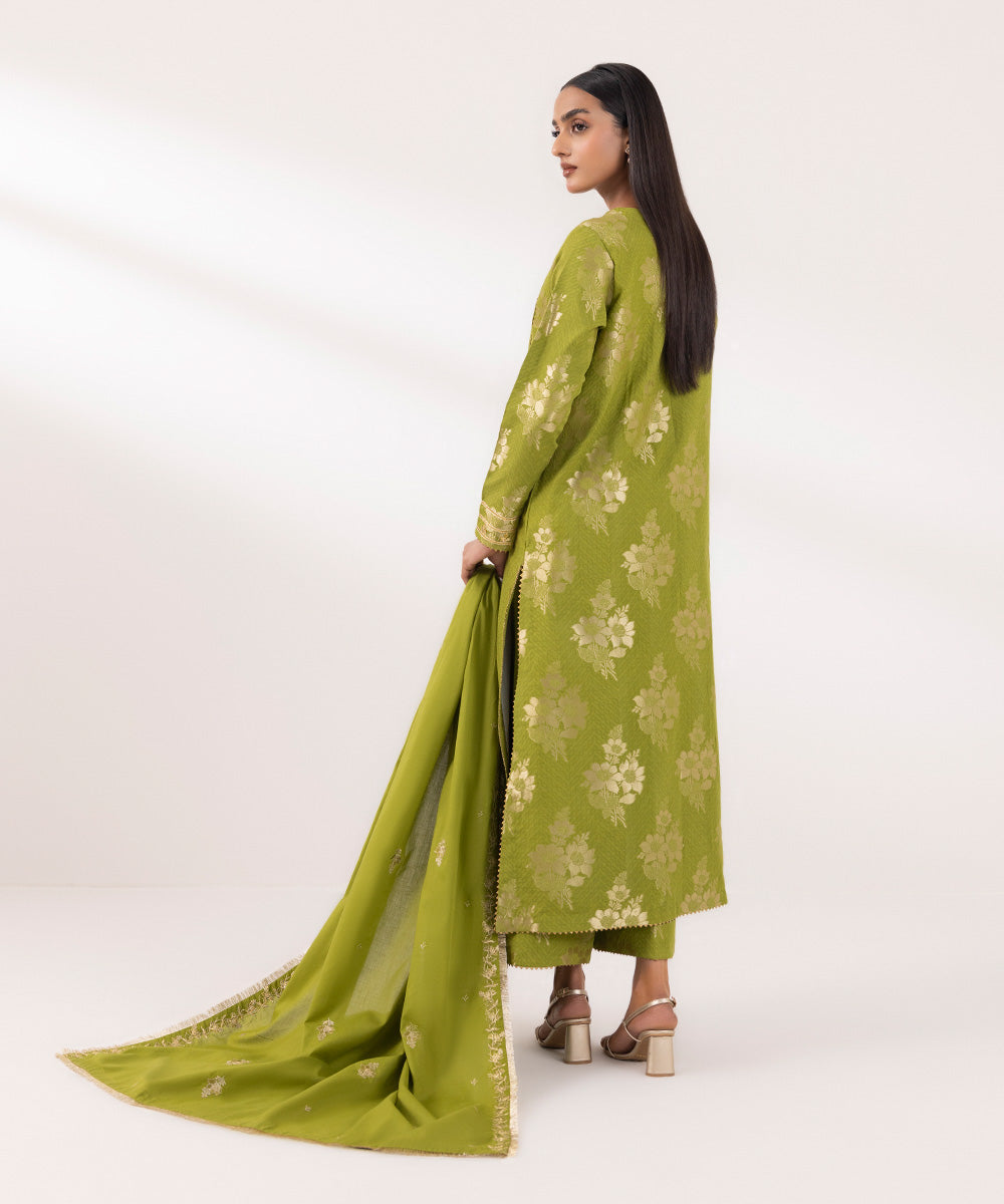 Women's Unstitched Extra Weft Jacquard Embroidered Green 3 Piece Suit