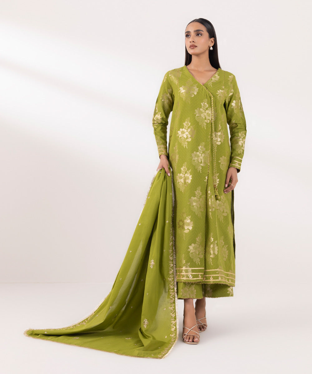 Women's Unstitched Extra Weft Jacquard Embroidered Green 3 Piece Suit