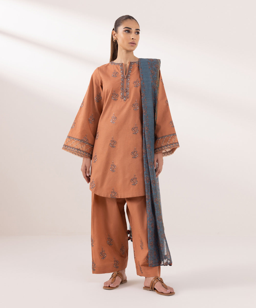 Women's Unstitched Multineps Embroidered Orange 3 Piece Suit