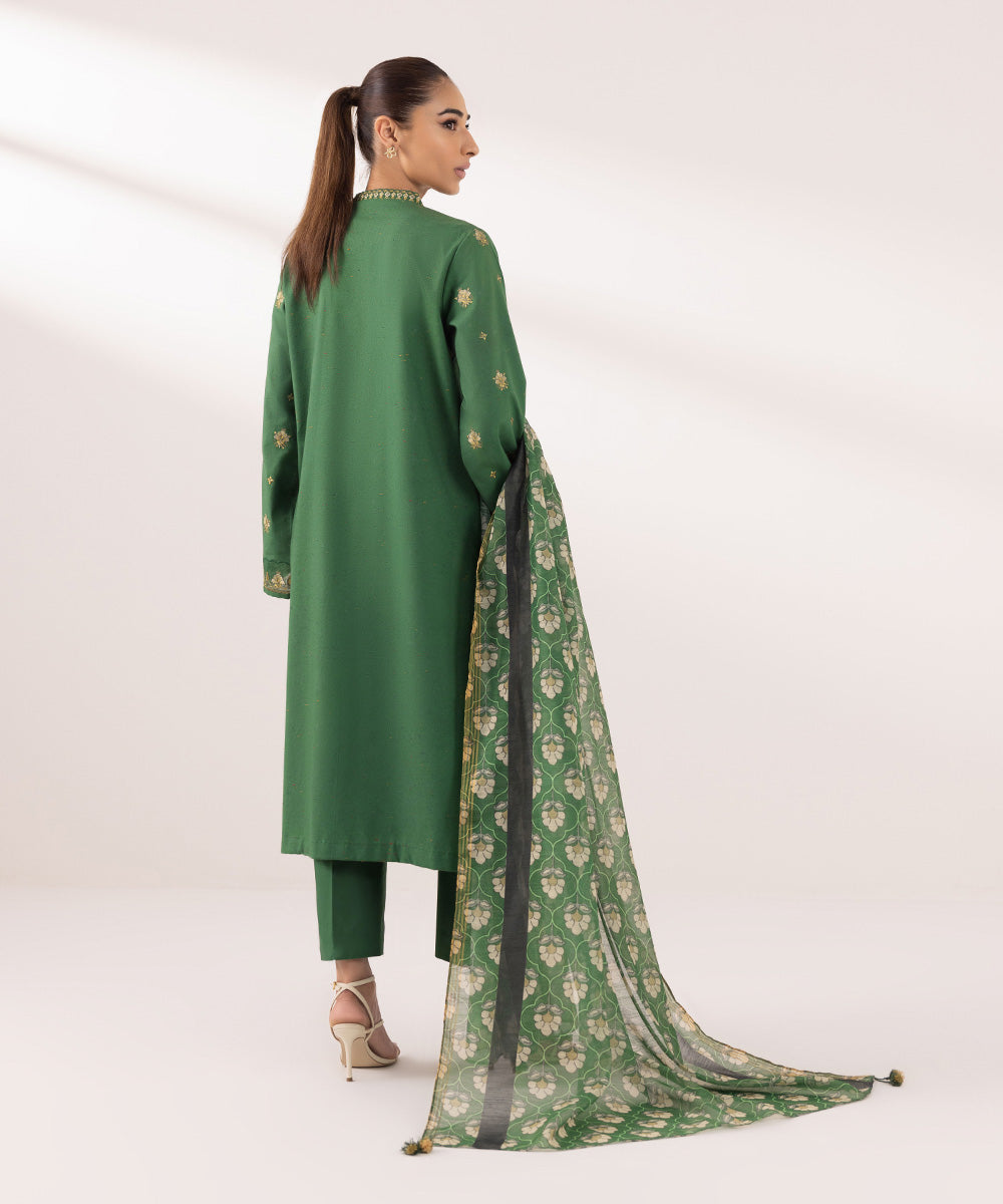 Women's Unstitched Multineps Embroidered Green 3 Piece Suit