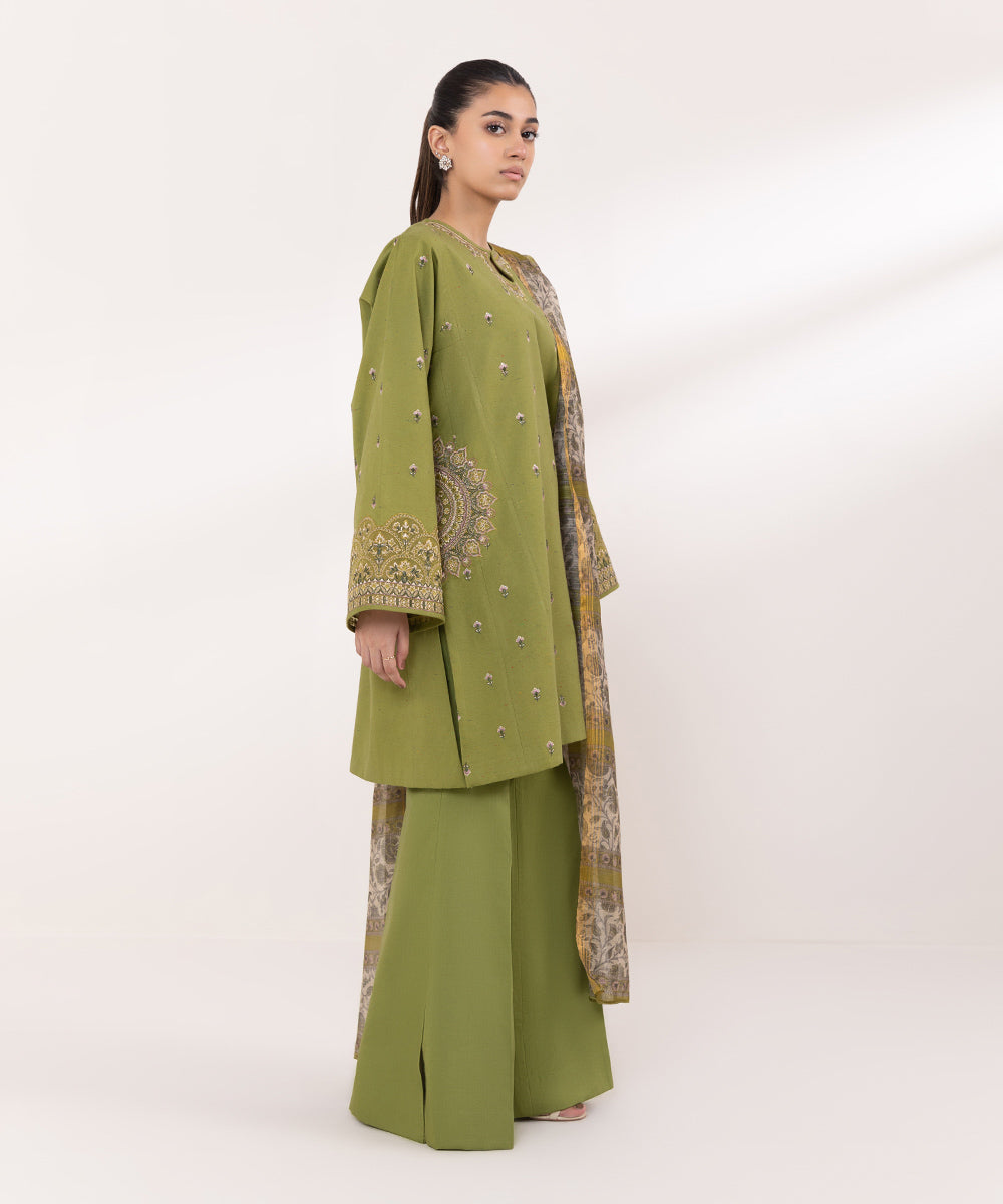 Women's Unstitched Multineps Embroidered Green 3 Piece Suit