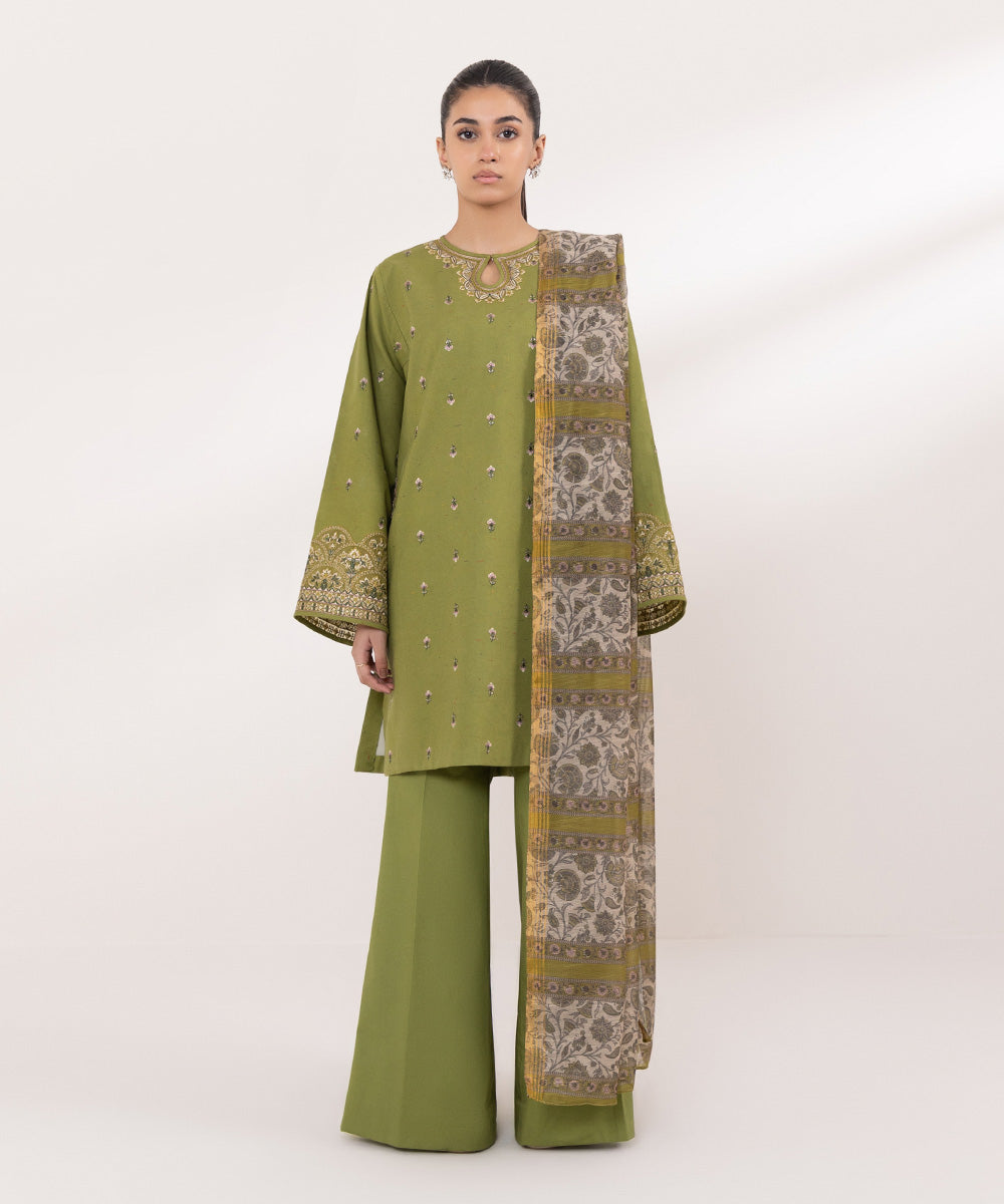 Women's Unstitched Multineps Embroidered Green 3 Piece Suit