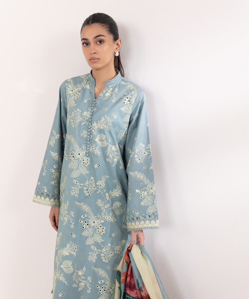 Women's Unstitched Cambric Embroidered Blue 3 Piece Suit