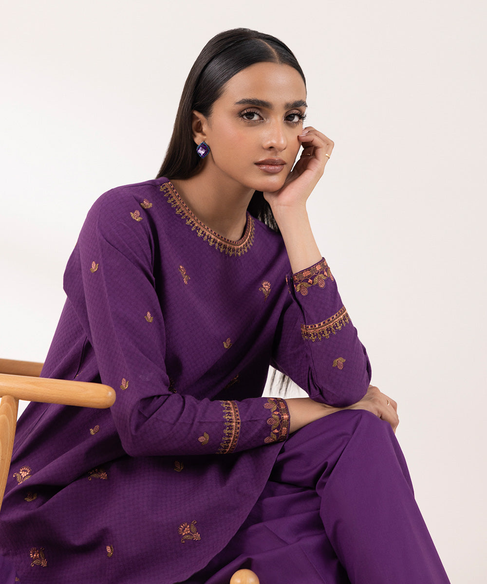 Women's Unstitched Dobby Embroidered Purple 3 Piece Suit