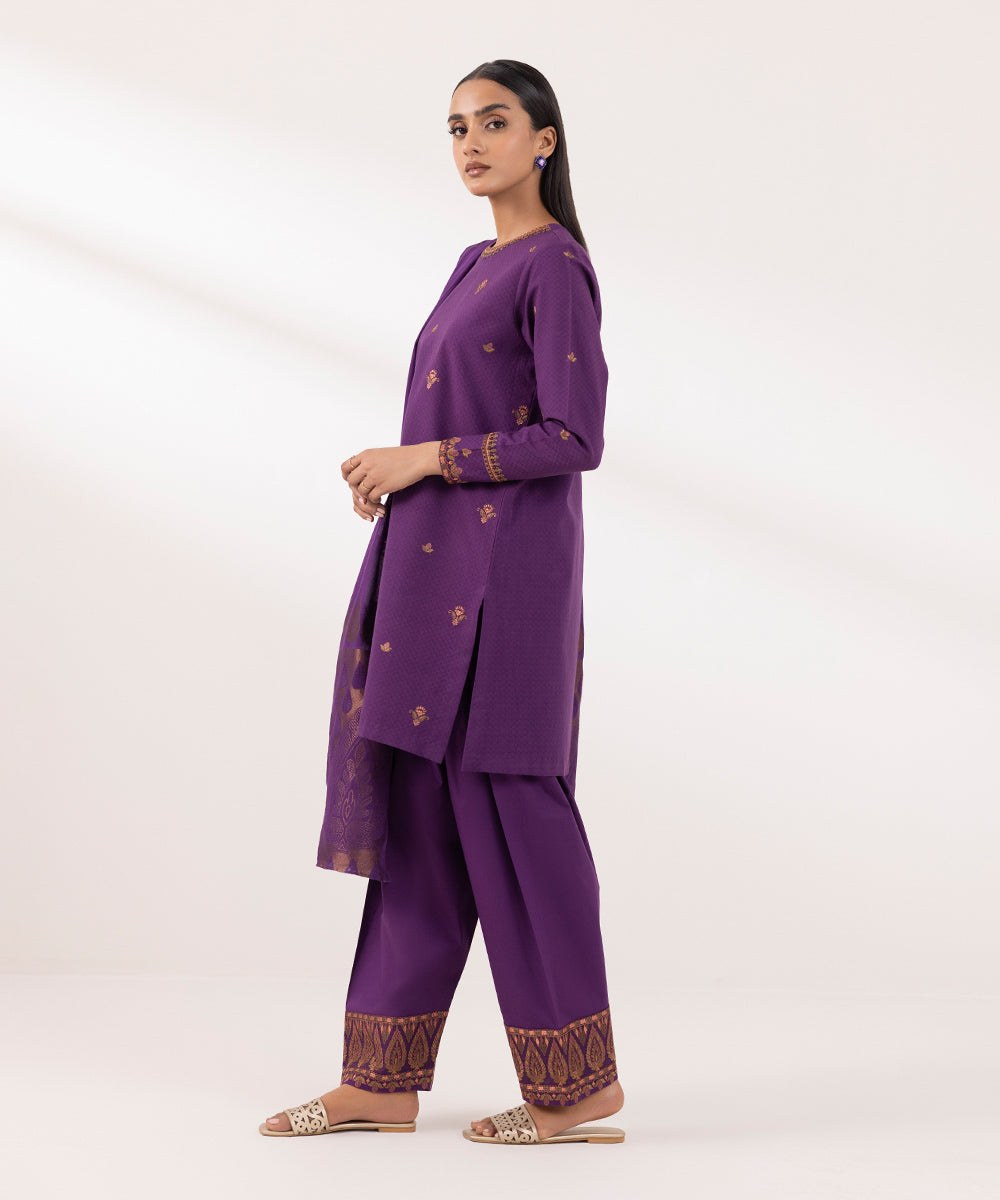 Women's Unstitched Dobby Embroidered Purple 3 Piece Suit