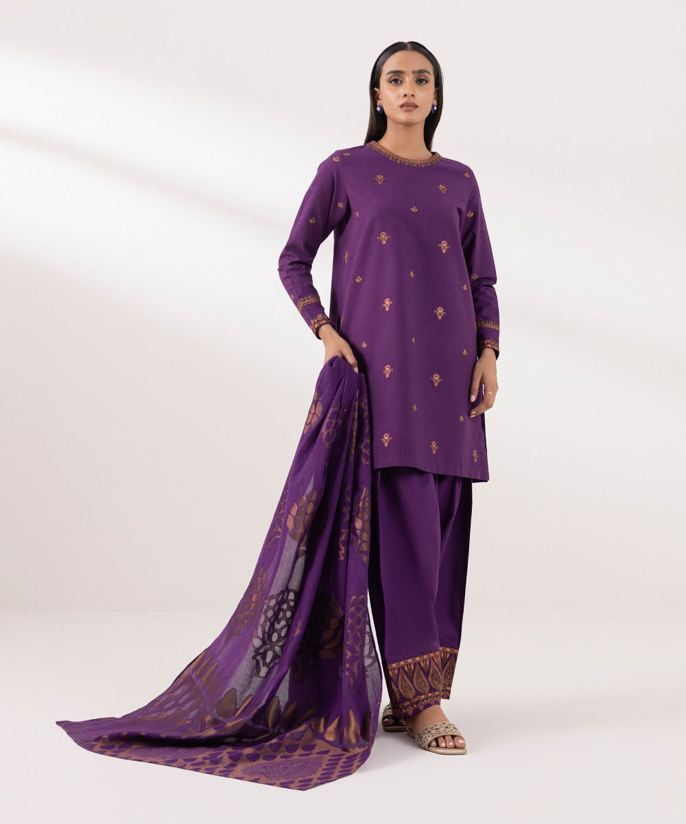 Women's Unstitched Dobby Embroidered Purple 3 Piece Suit