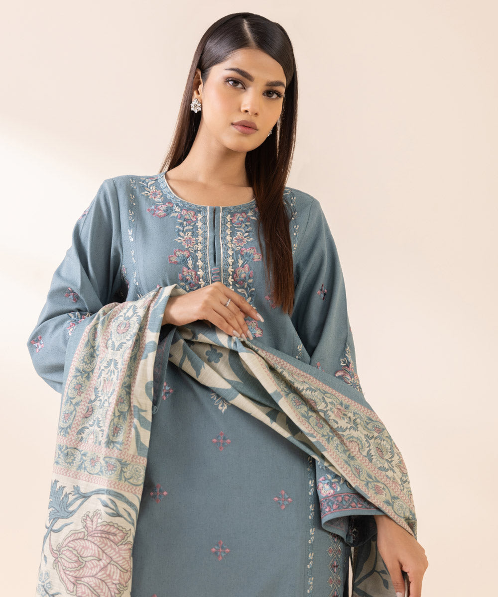 Women's Unstitched Cotton Karandi Blue Embroidered 3 Piece Suit