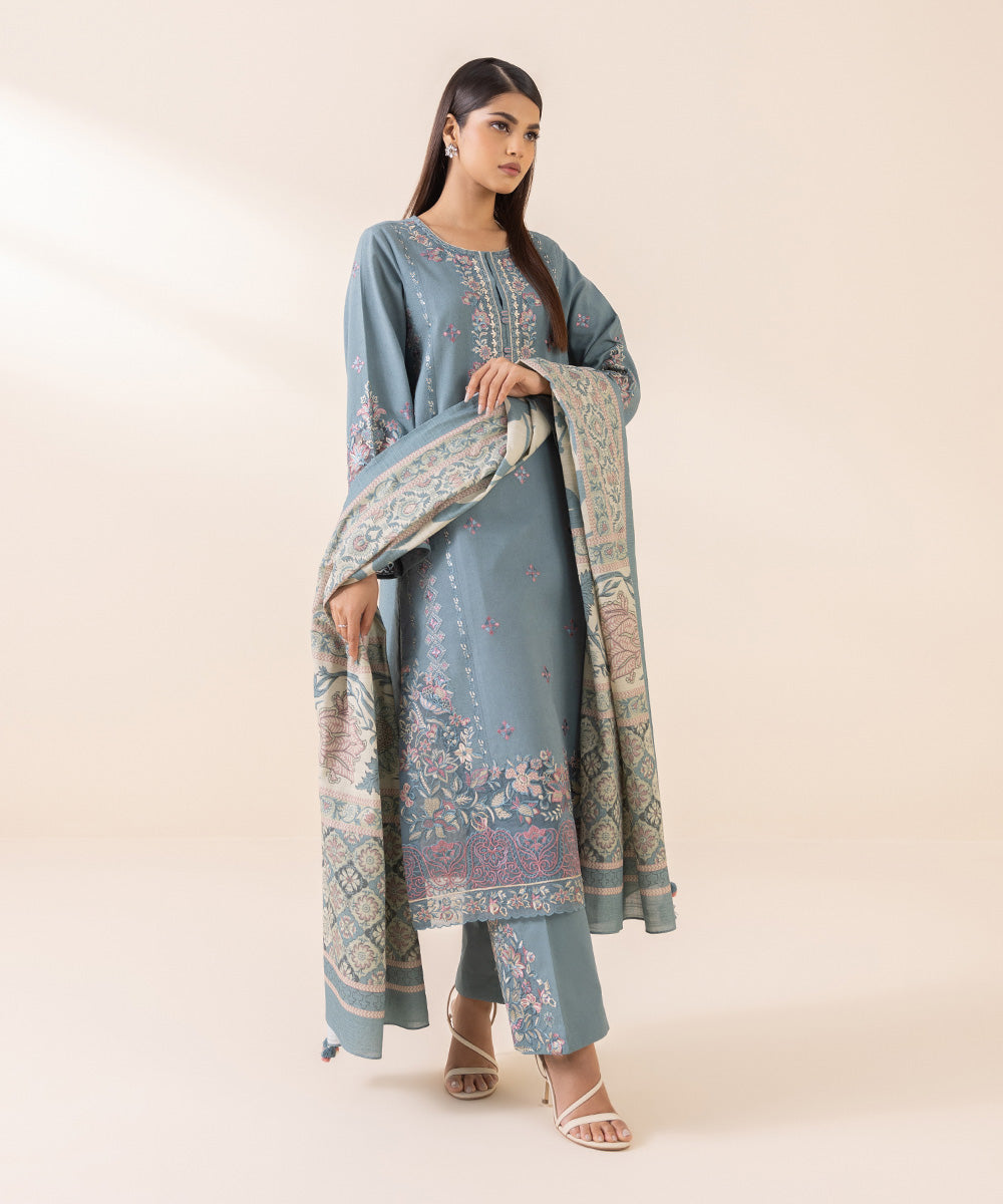 Women's Unstitched Cotton Karandi Blue Embroidered 3 Piece Suit