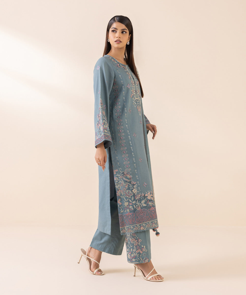 Women's Unstitched Cotton Karandi Blue Embroidered 3 Piece Suit