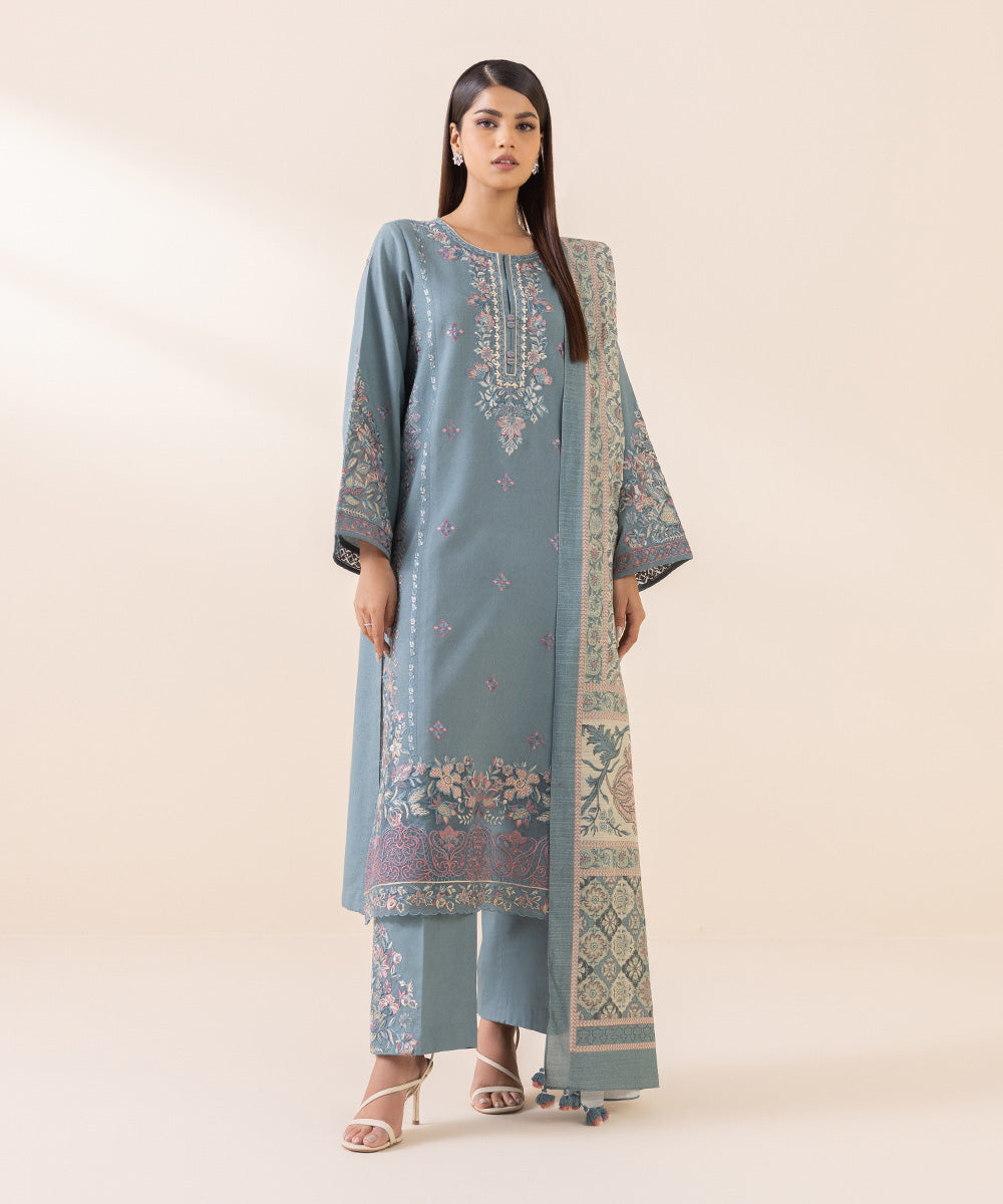 Women's Unstitched Cotton Karandi Blue Embroidered 3 Piece Suit