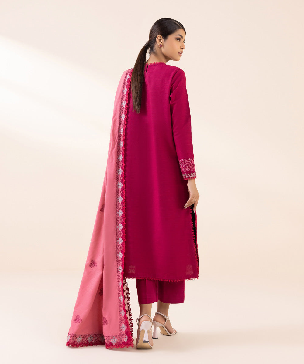 Women's Unstitched Khaddar Red Embroidered 3 Piece Suit