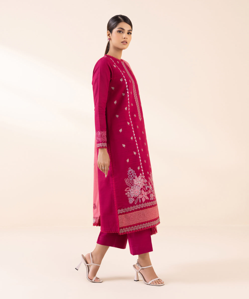 Women's Unstitched Khaddar Red Embroidered 3 Piece Suit