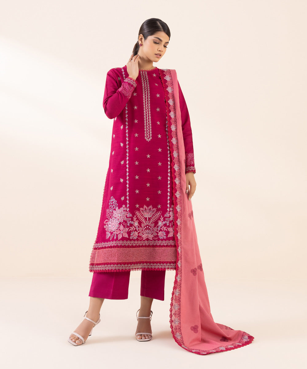 Women's Unstitched Khaddar Red Embroidered 3 Piece Suit