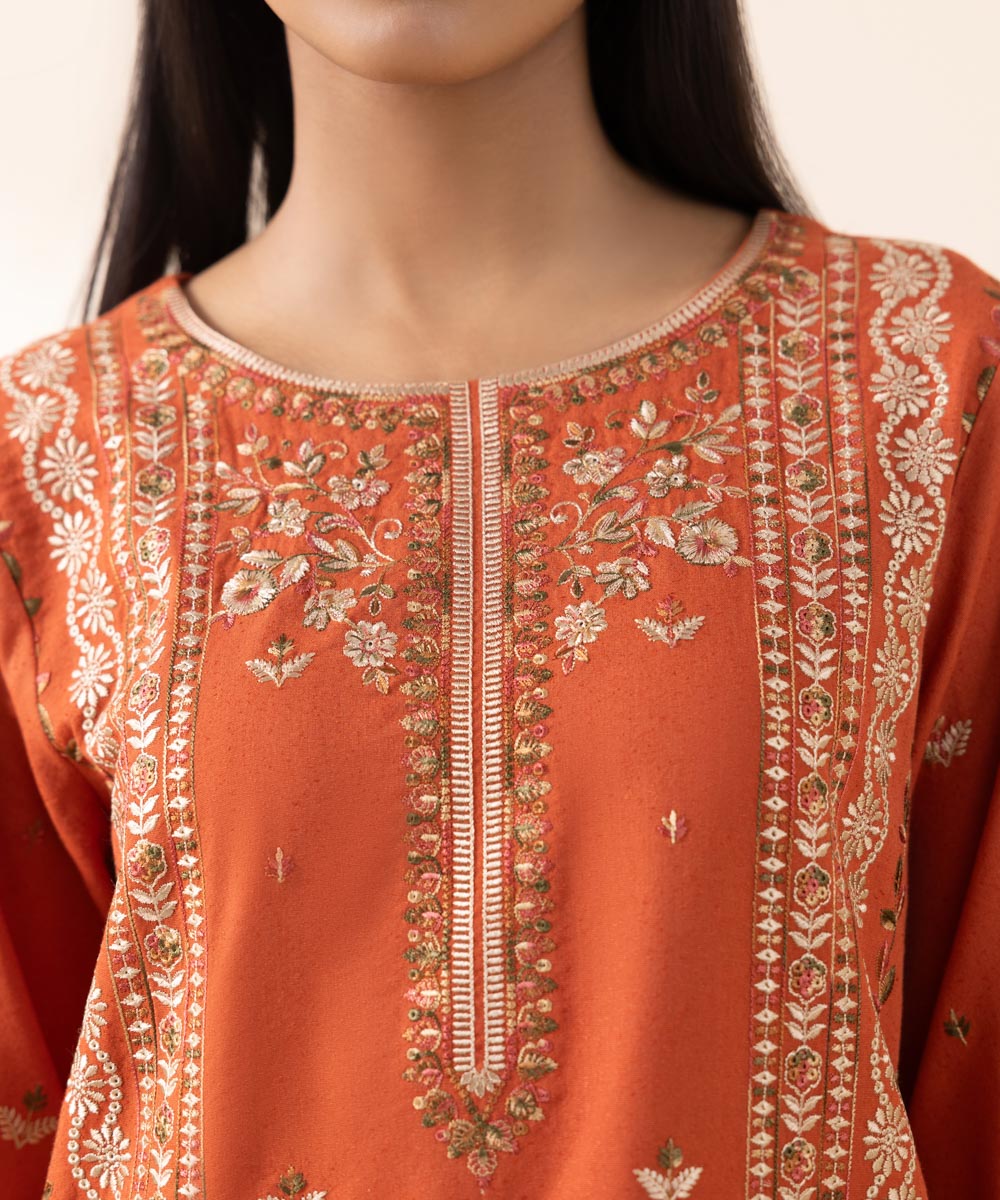 Women's Unstitched Cotton Karandi Orange Embroidered 3 Piece Suit