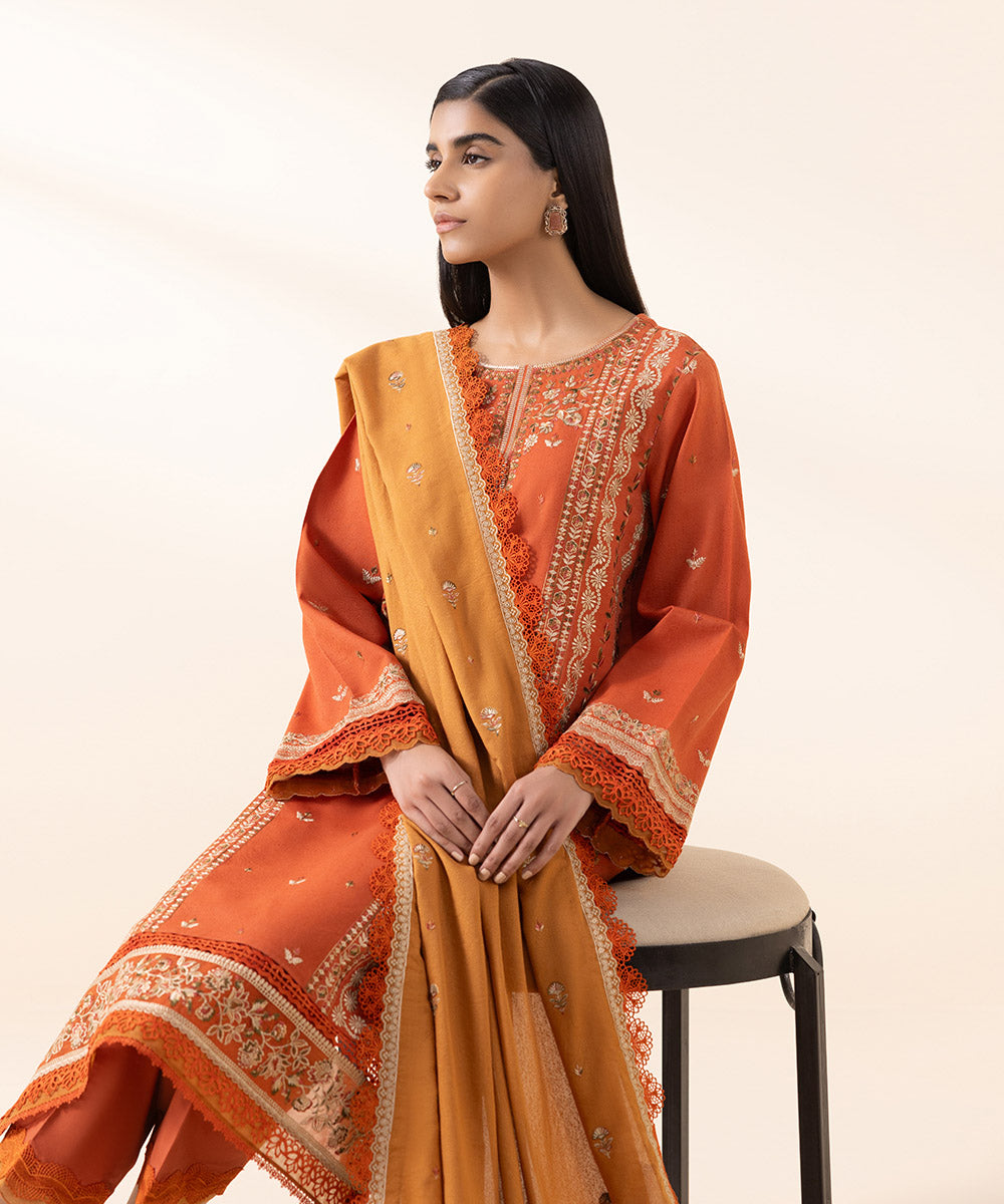 Women's Unstitched Cotton Karandi Orange Embroidered 3 Piece Suit