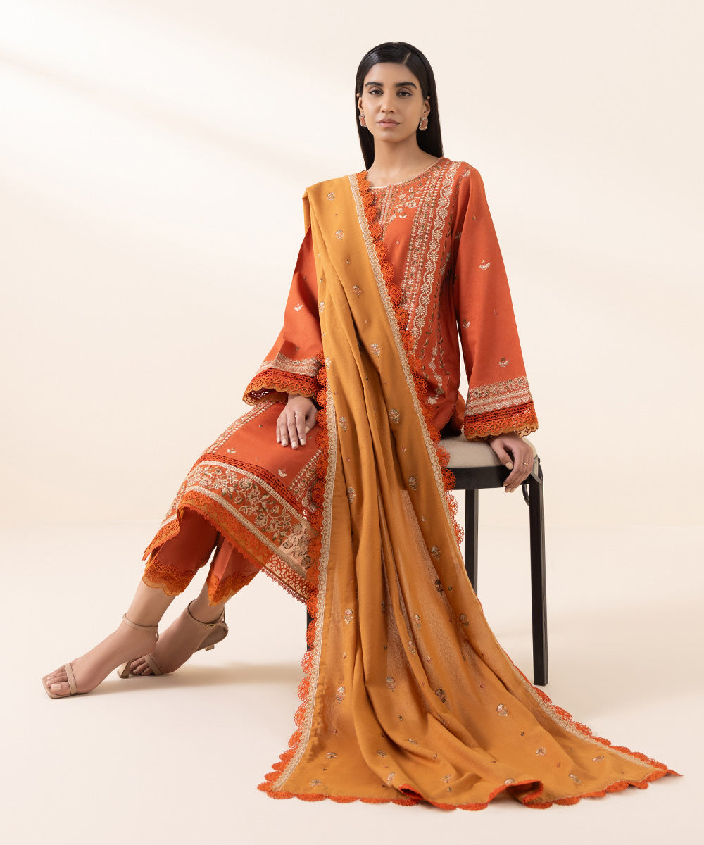 Women's Unstitched Cotton Karandi Orange Embroidered 3 Piece Suit