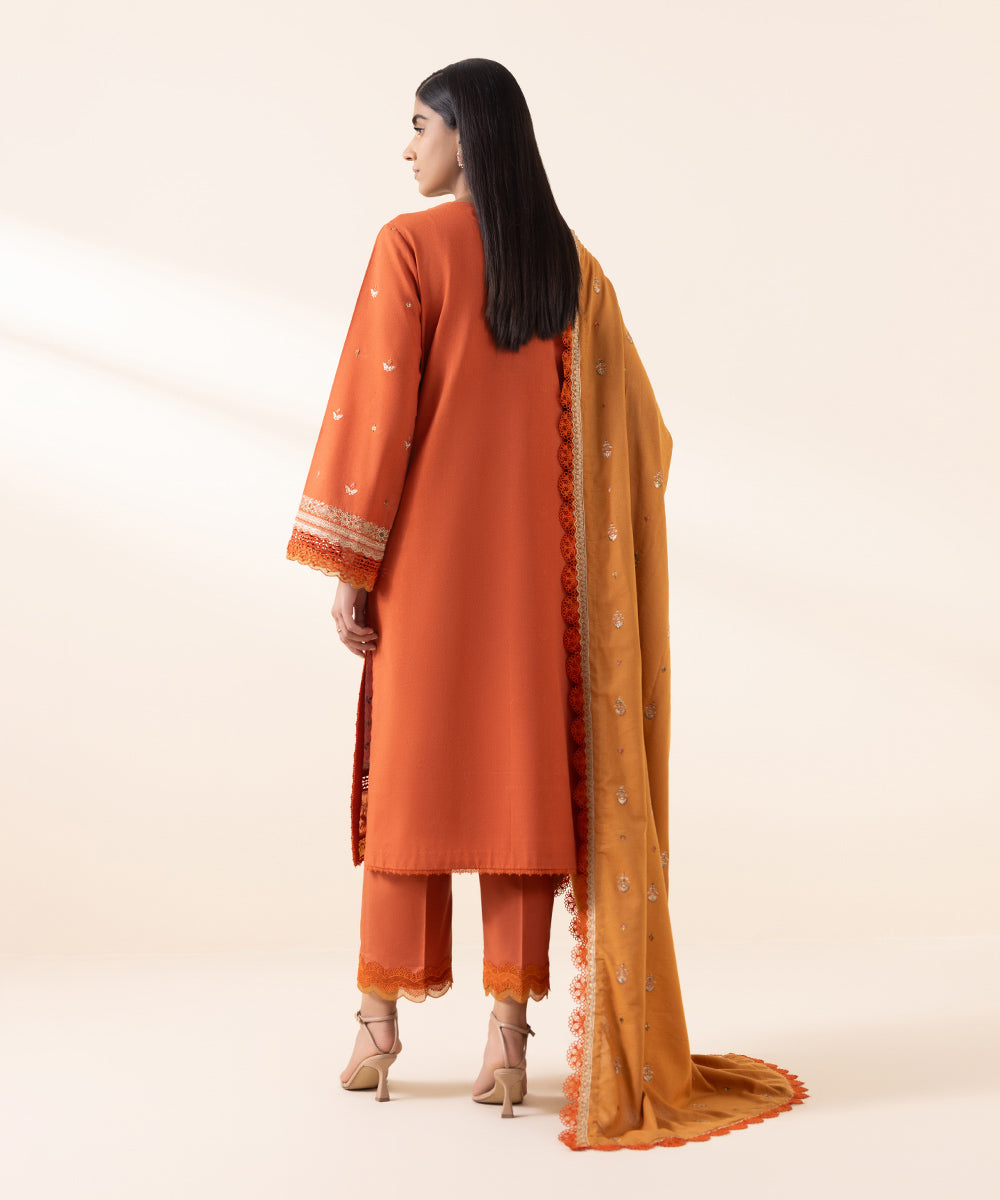 Women's Unstitched Cotton Karandi Orange Embroidered 3 Piece Suit