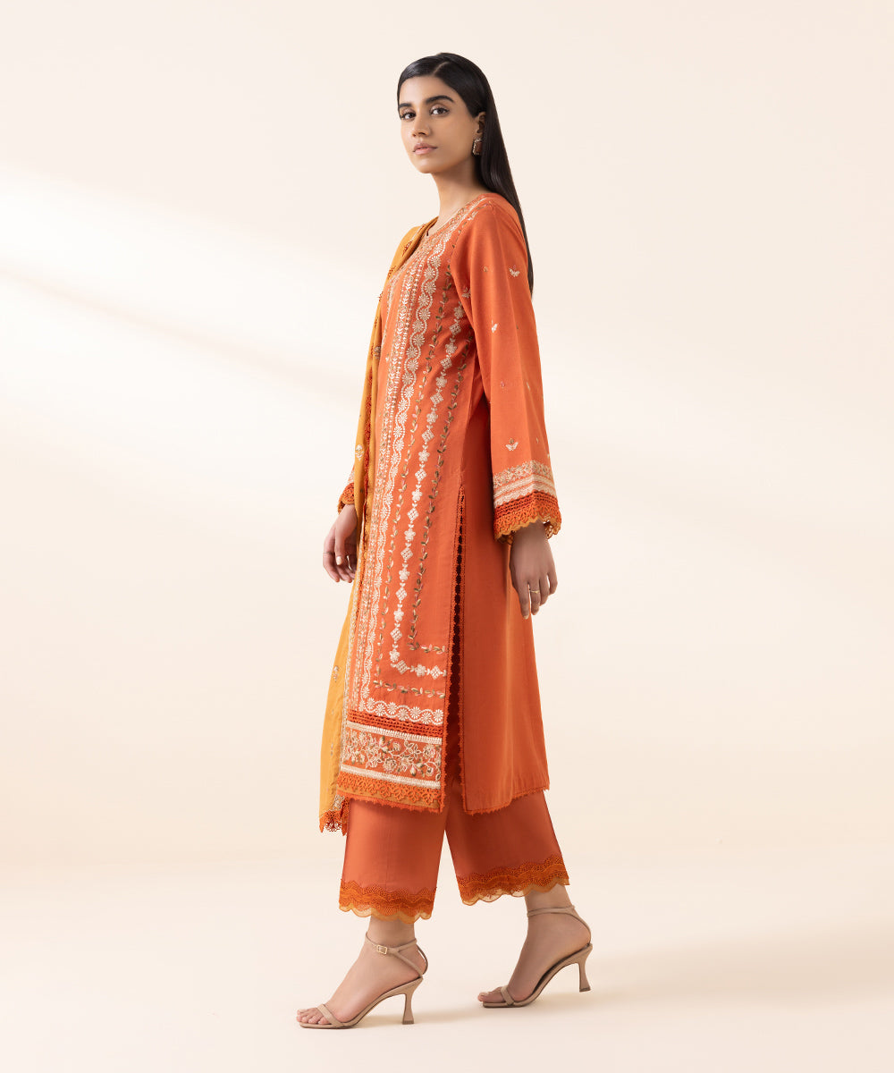 Women's Unstitched Cotton Karandi Orange Embroidered 3 Piece Suit