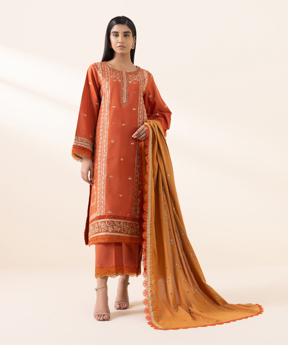 Women's Unstitched Cotton Karandi Orange Embroidered 3 Piece Suit