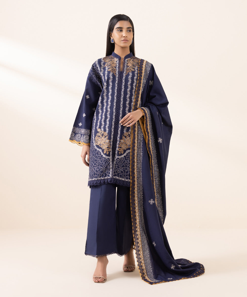 Women's Unstitched Cotton Karandi Blue Embroidered 3 Piece Suit