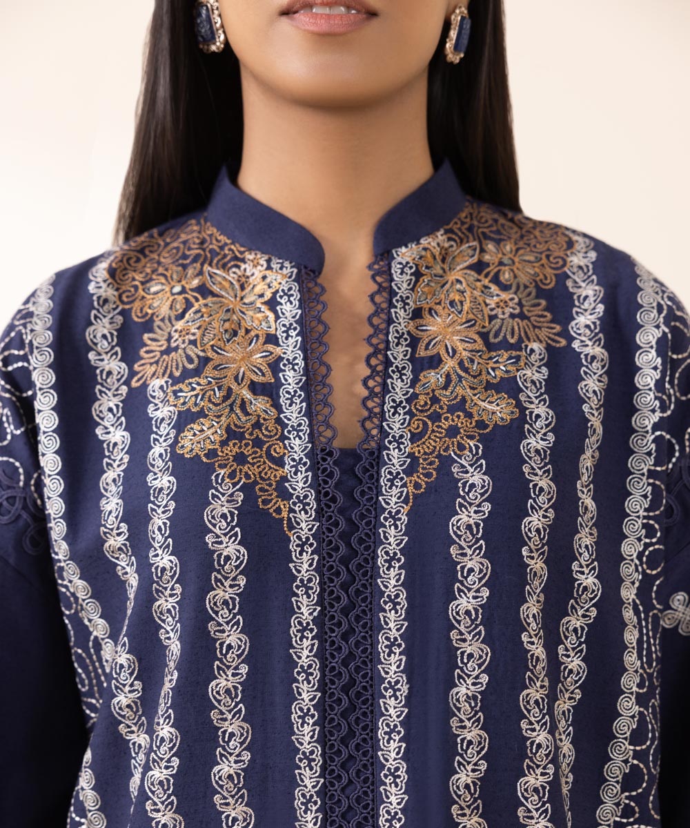 Women's Unstitched Cotton Karandi Blue Embroidered 3 Piece Suit