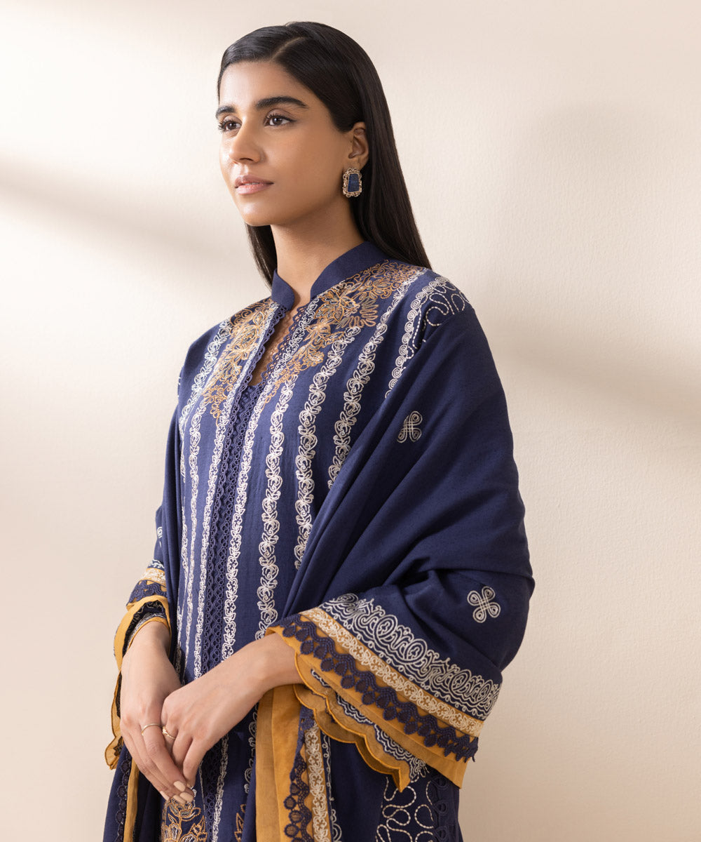 Women's Unstitched Cotton Karandi Blue Embroidered 3 Piece Suit