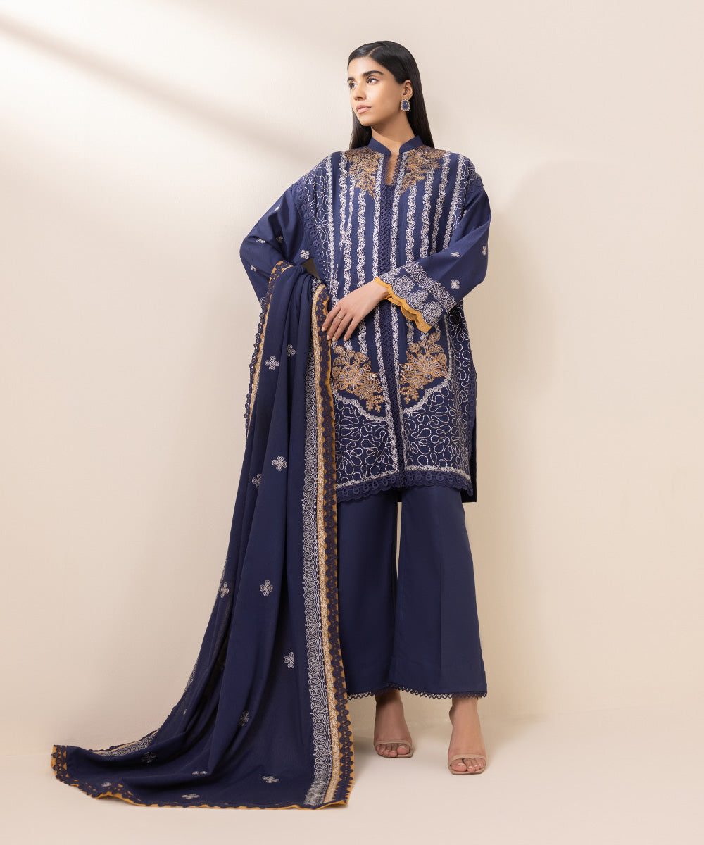 Women's Unstitched Cotton Karandi Blue Embroidered 3 Piece Suit