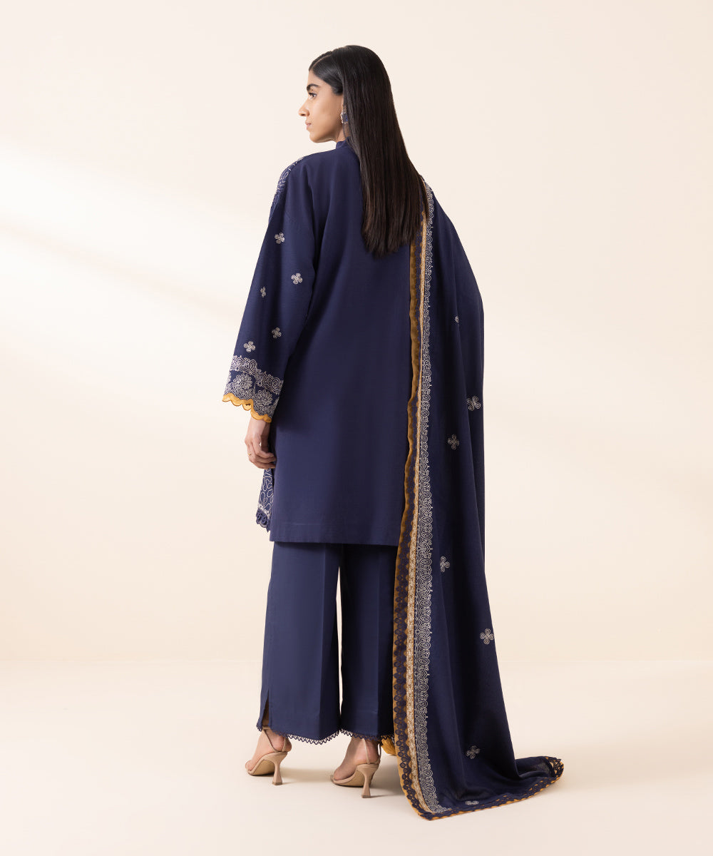 Women's Unstitched Cotton Karandi Blue Embroidered 3 Piece Suit