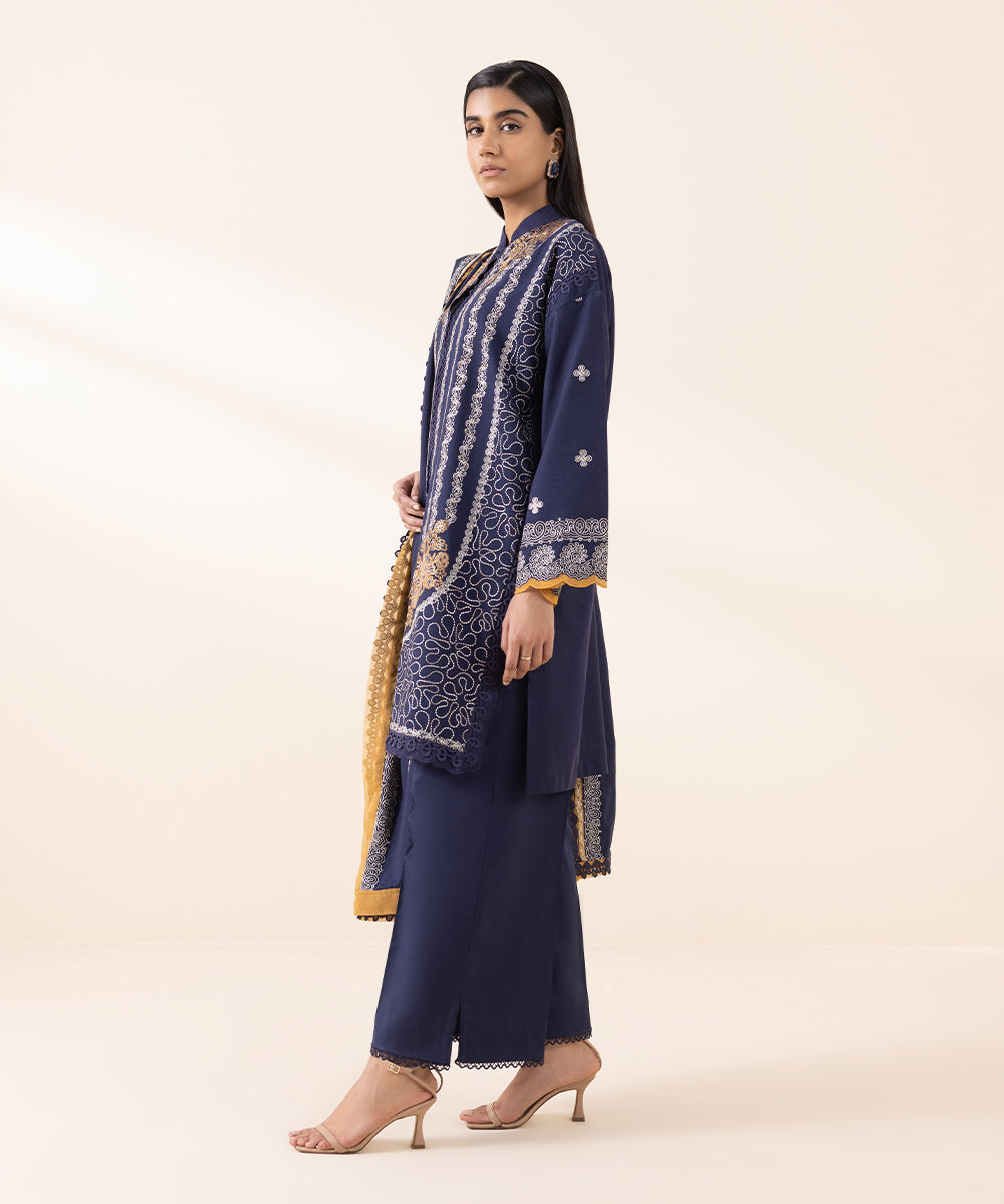 Women's Unstitched Cotton Karandi Blue Embroidered 3 Piece Suit