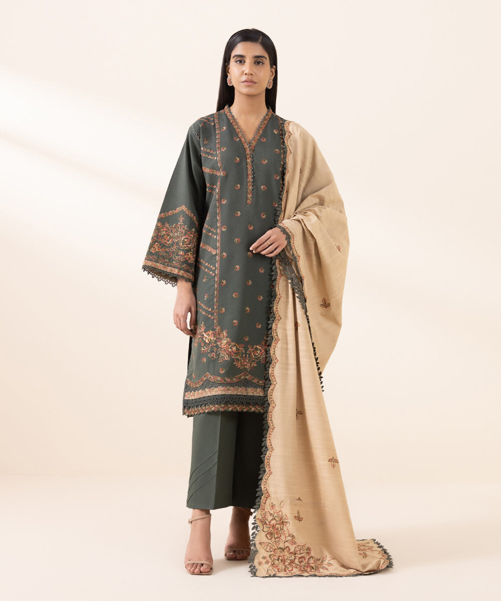 Women's Unstitched Cotton Karandi Grey Embroidered 3 Piece Suit