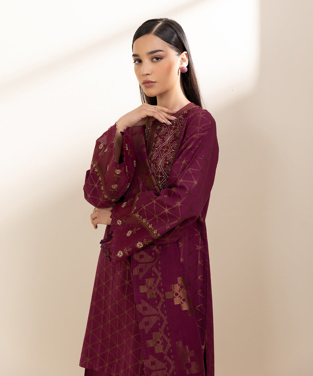 Women's Unstitched Extra Weft Jacquard Red Embroidered 3 Piece Suit